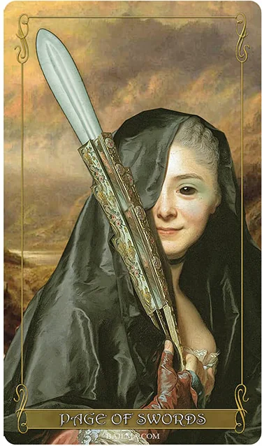 Page of Swords card from the Madam Lydia Wilhelmina’s Tarot deck
