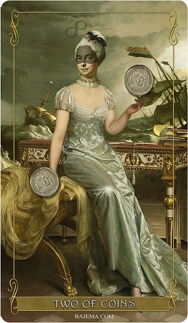 Two of Coins card from the Madam Lydia Wilhelmina’s Tarot deck