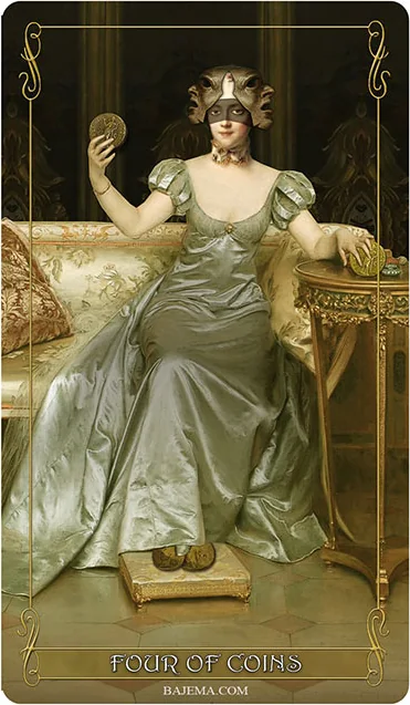 Four of Coins card from the Madam Lydia Wilhelmina’s Tarot deck