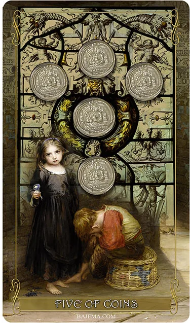 Five of Coins card from the Madam Lydia Wilhelmina’s Tarot deck