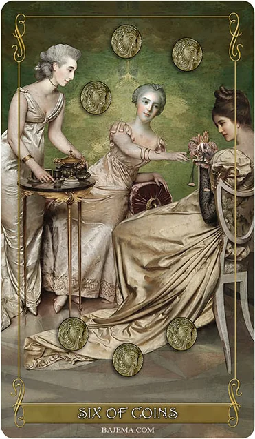 Six of Coins card from the Madam Lydia Wilhelmina’s Tarot deck