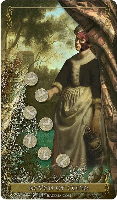 Seven of Coins card from the Madam Lydia Wilhelmina’s Tarot deck