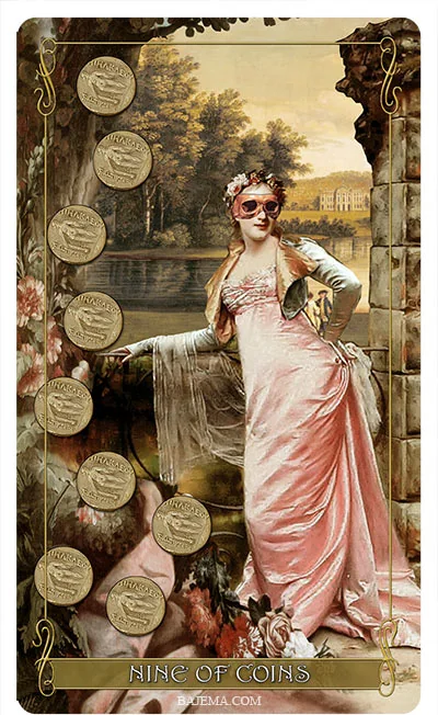 Nine of Coins card from the Madam Lydia Wilhelmina’s Tarot deck