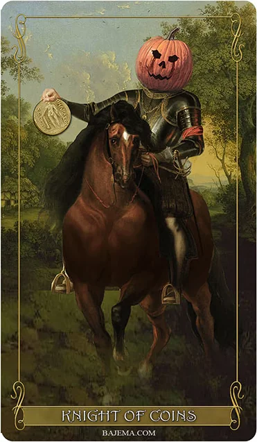 Madam Lydia Wilhelmina’s Tarot Review 7 Knight of Coins card from the Madam Lydia Wilhelmina’s Tarot deck
