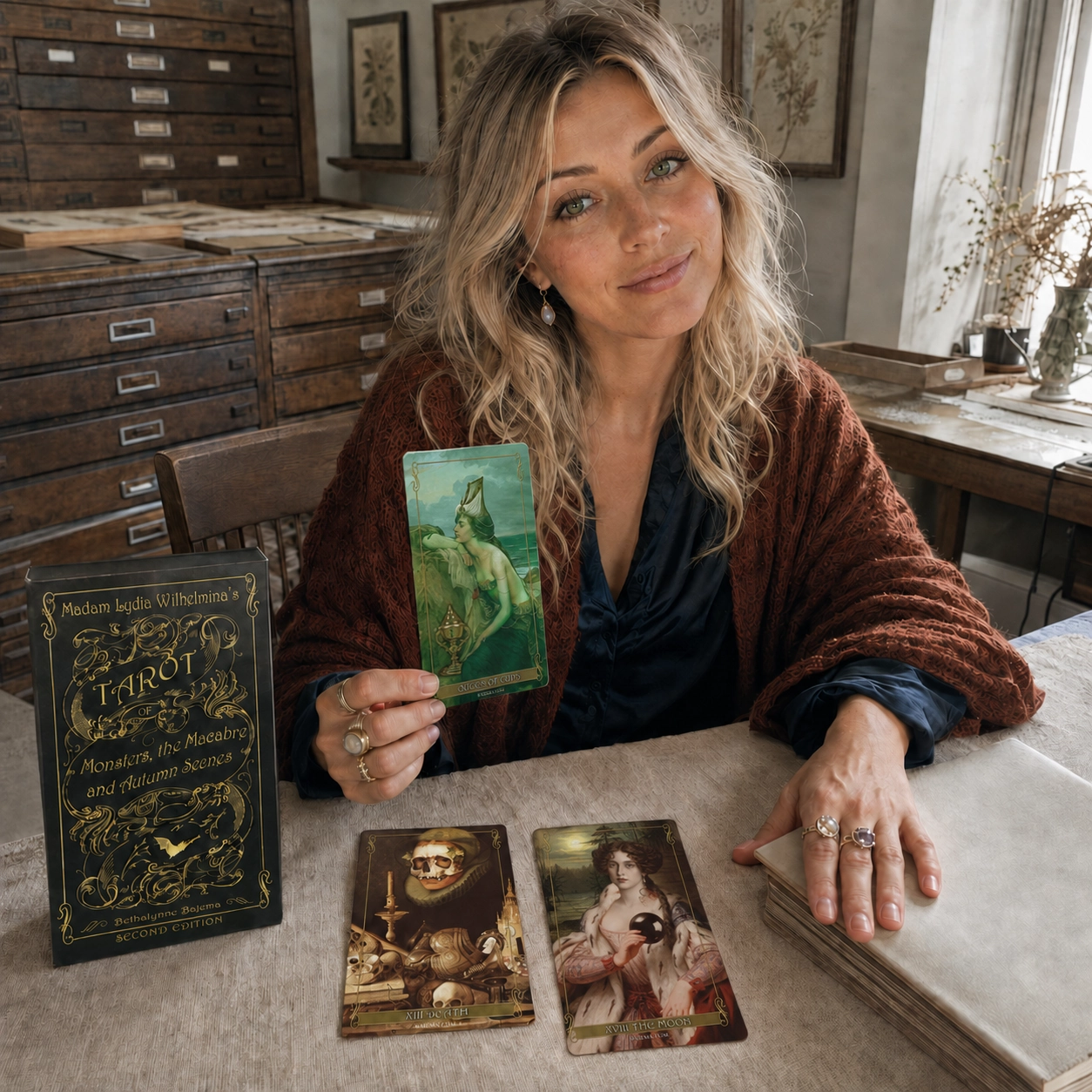 Aurica presenting the Queen of Cups from Madam Lydia Wilhelmina’s Tarot beside Death, The Moon, the Second Edition deck box and stacked cards