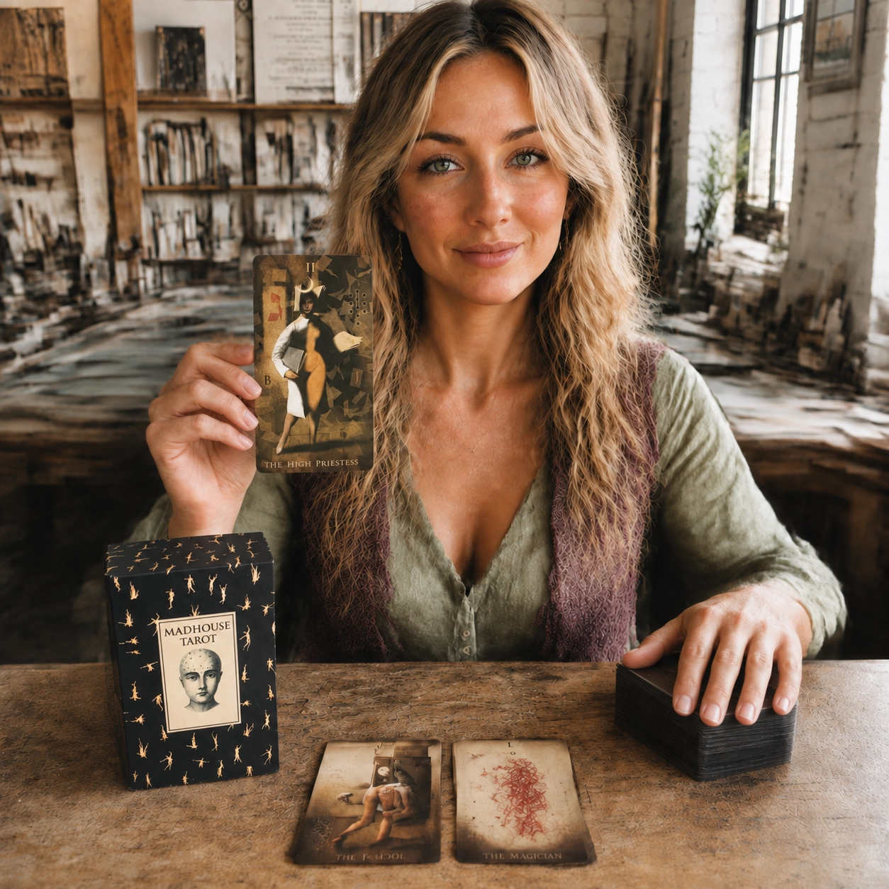 Aurica holding The High Priestess from Madhouse Tarot beside the deck box, a two-card spread and stacked deck