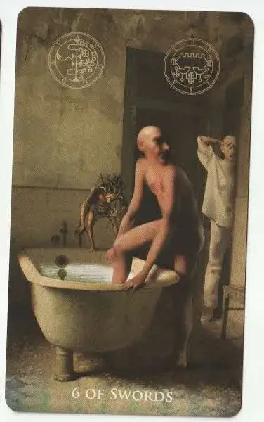 6 of Swords card from the Madhouse Tarot deck