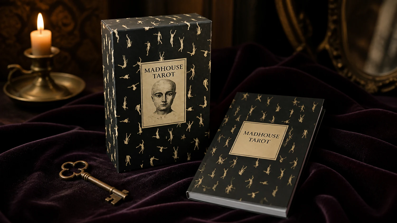 Madhouse Tarot box and guidebook on plum velvet in candlelight