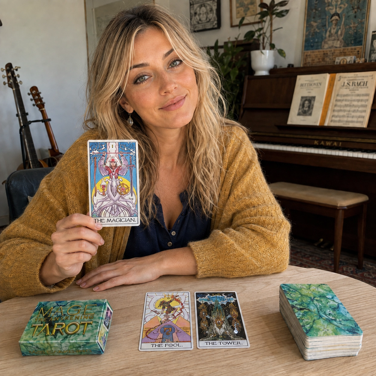 Aurica presenting The Magician from Mage The Awakening Tarot beside The Fool, The Tower, the deck box and stacked cards