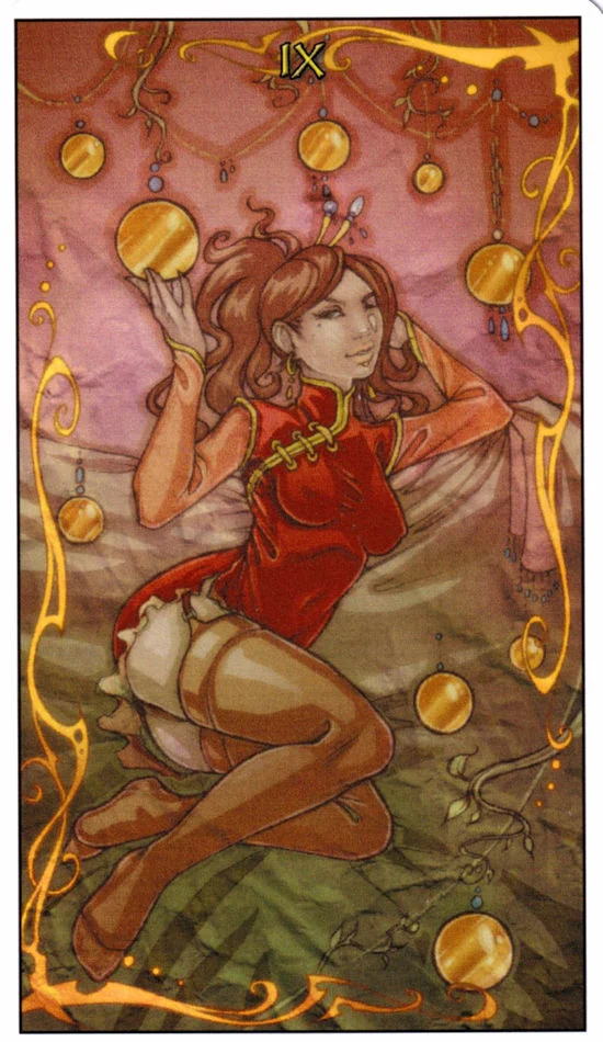 9 of Pentacles card from the Mage: The Awakening Tarot deck
