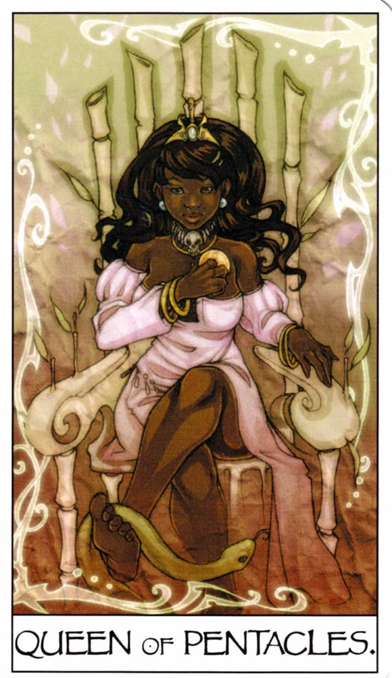 Queen of Pentacles card from the Mage: The Awakening Tarot deck