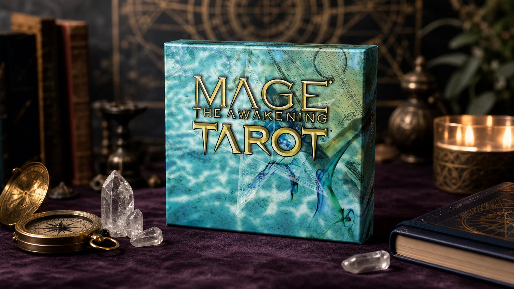 Mage: The Awakening Tarot box in a candlelit occult study