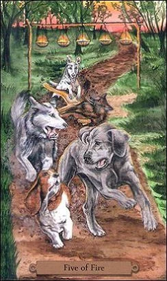 Five of Fire card from the Magical Dogs Tarot deck