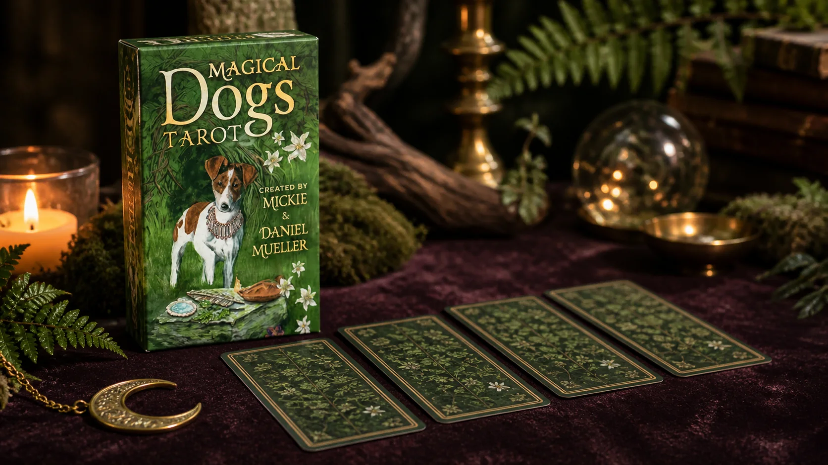 Magical Dogs Tarot Deck by Mickie Mueller and Dan Mueller Generated Magical Dogs Tarot Deck by Mickie Mueller and Dan Mueller in a candlelit woodland reading setting