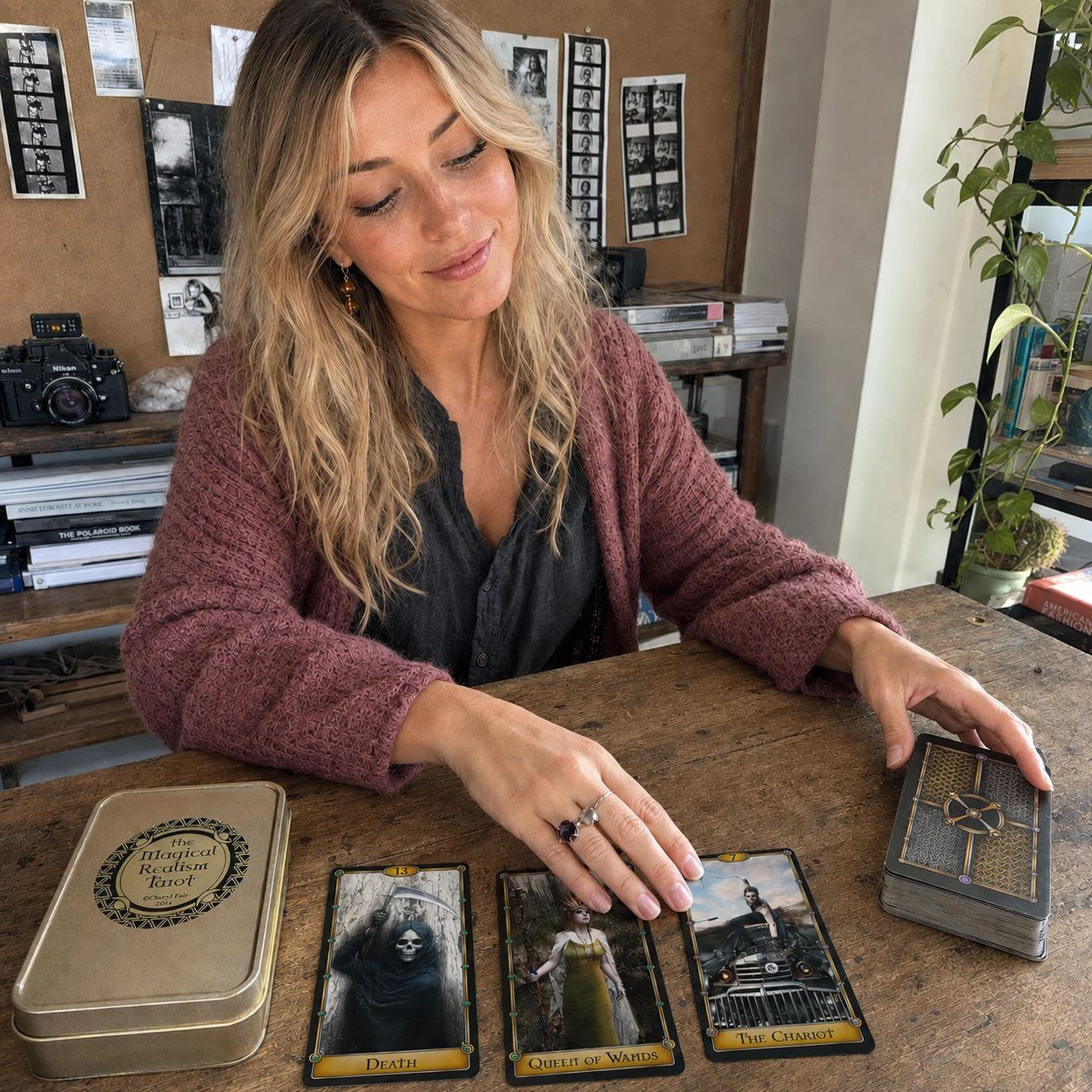 Aurica arranging The Chariot, Death and Queen of Wands from Magical Realism Tarot beside its gold tin and stacked deck
