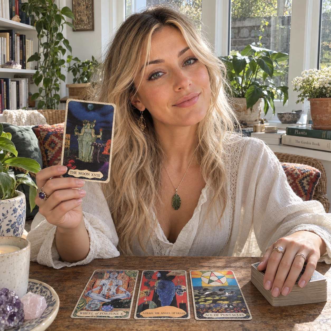 Aurica reading with face-up Mansions of the Moon Tarot cards