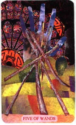 Five of Wands card from the Mansions of the Moon Tarot deck