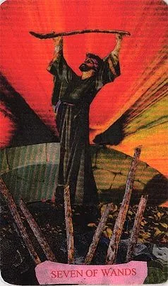 Seven of Wands card from the Mansions of the Moon Tarot deck