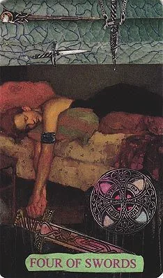 Four of Swords card from the Mansions of the Moon Tarot deck
