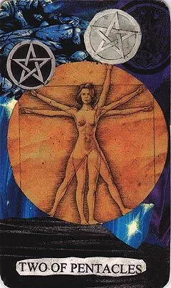 Two of Pentacles card from the Mansions of the Moon Tarot deck