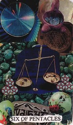 Six of Pentacles card from the Mansions of the Moon Tarot deck