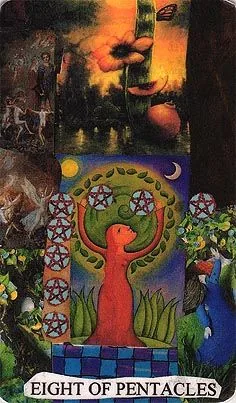 Mansions of the Moon Tarot Review 13 Eight of Pentacles card from the Mansions of the Moon Tarot deck