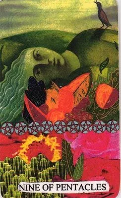 Nine of Pentacles card from the Mansions of the Moon Tarot deck