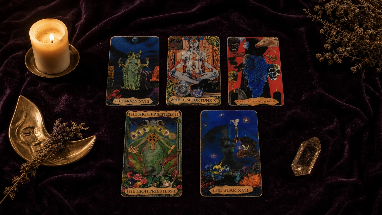 Mansions of the Moon Tarot Review 16 Five Mansions of the Moon Tarot cards arranged on dark plum velvet by candlelight