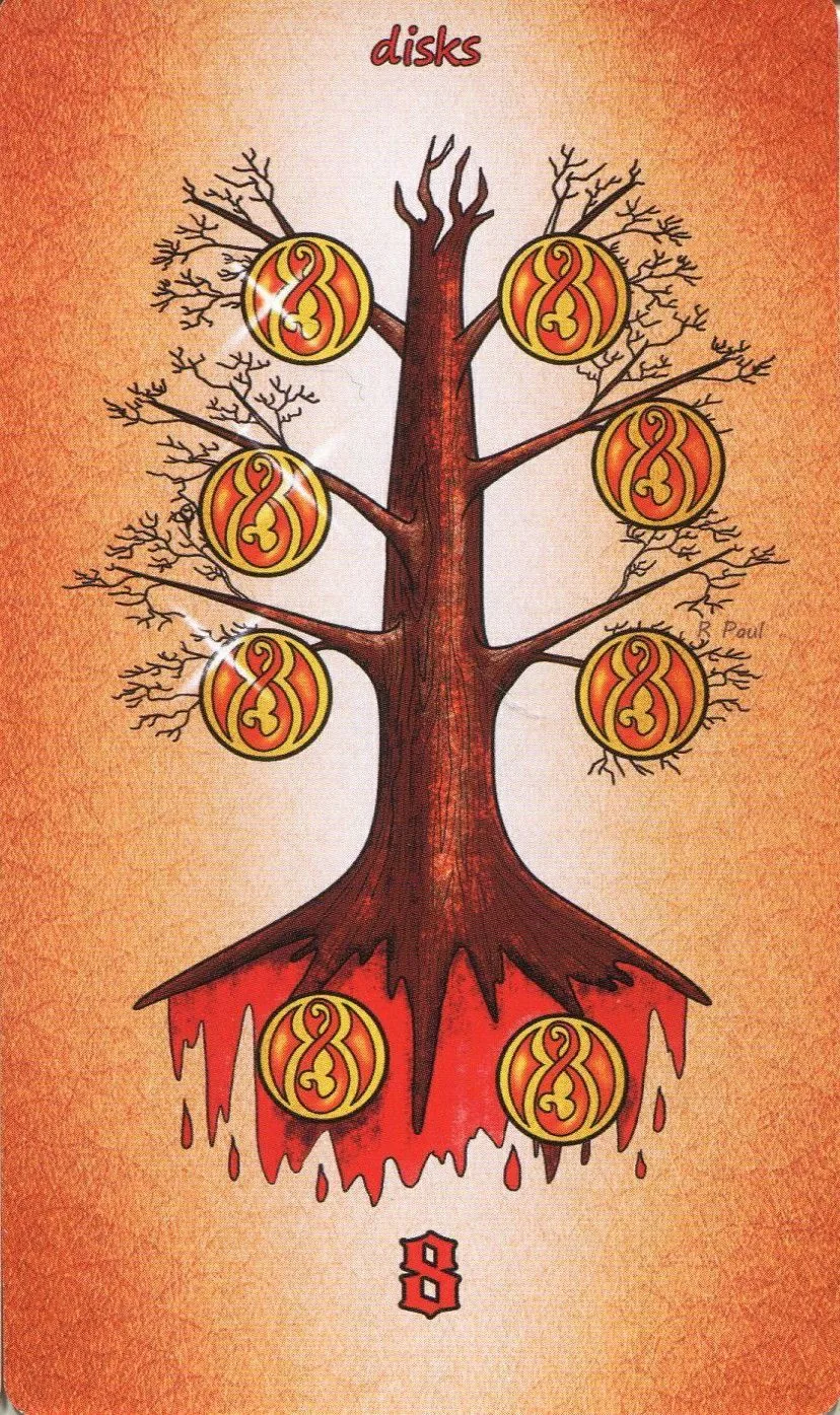 8 of Disks - Maori Tattoo Tarot - Tarot Deck by Roxana Paul