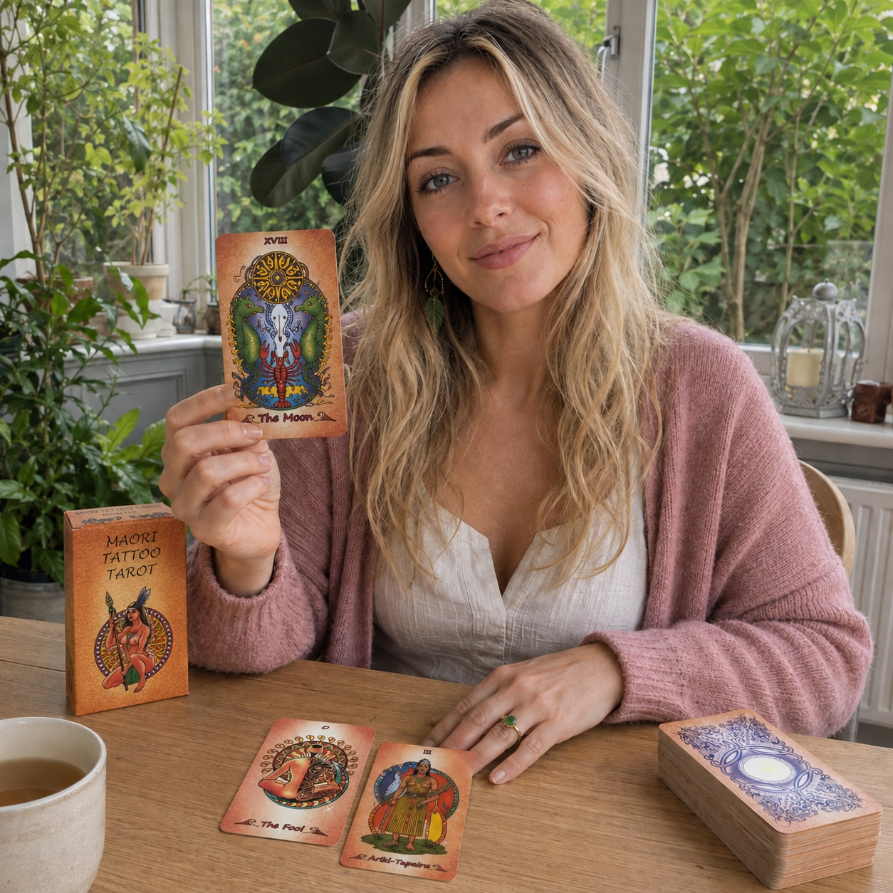 Aurica holding The Moon while reading Maori Tattoo Tarot beside its box, two-card spread, and stacked deck