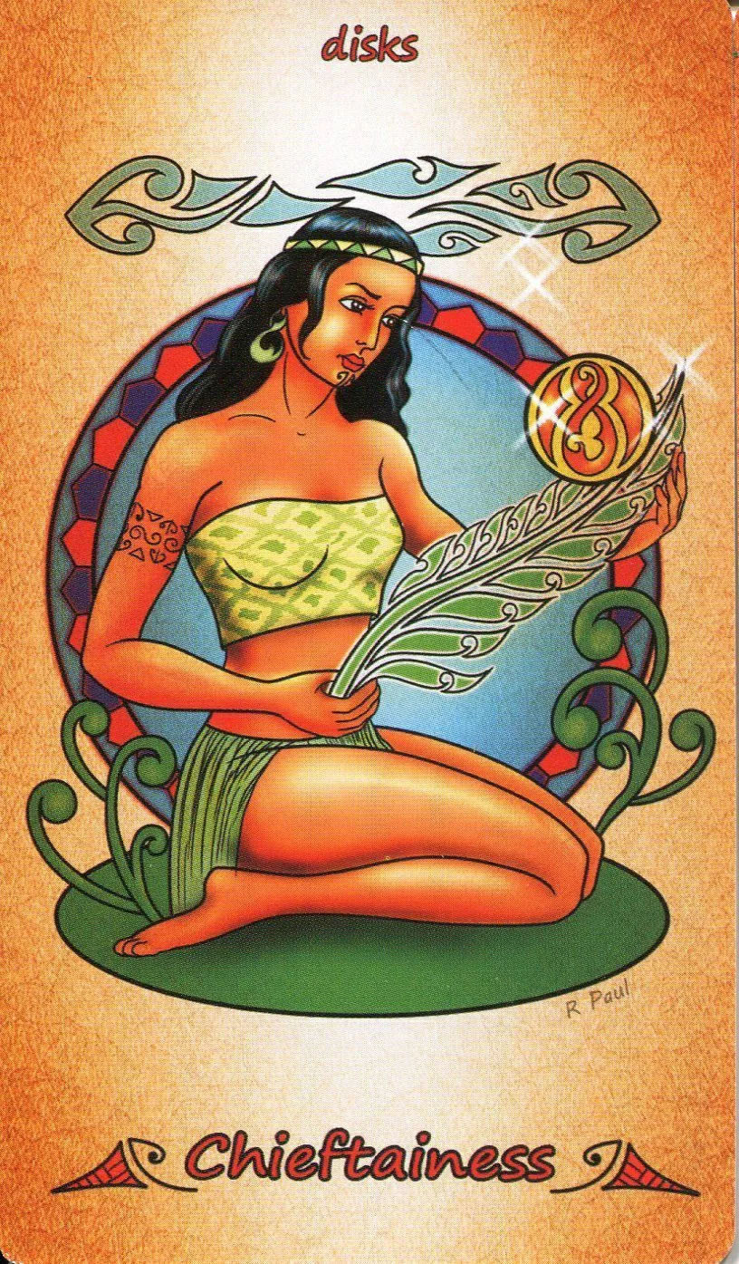 Chieftainess of Disks - Maori Tattoo Tarot - Tarot Deck by Roxana Paul