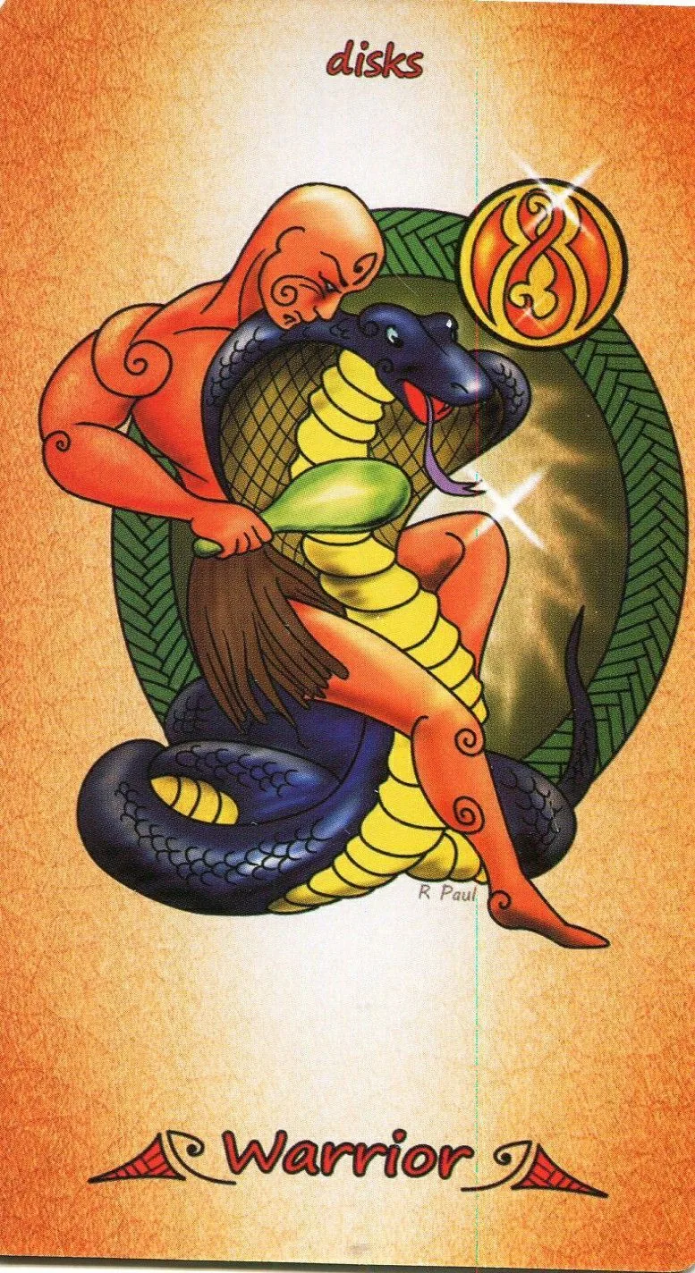 Warrior of Disks - Maori Tattoo Tarot - Tarot Deck by Roxana Paul