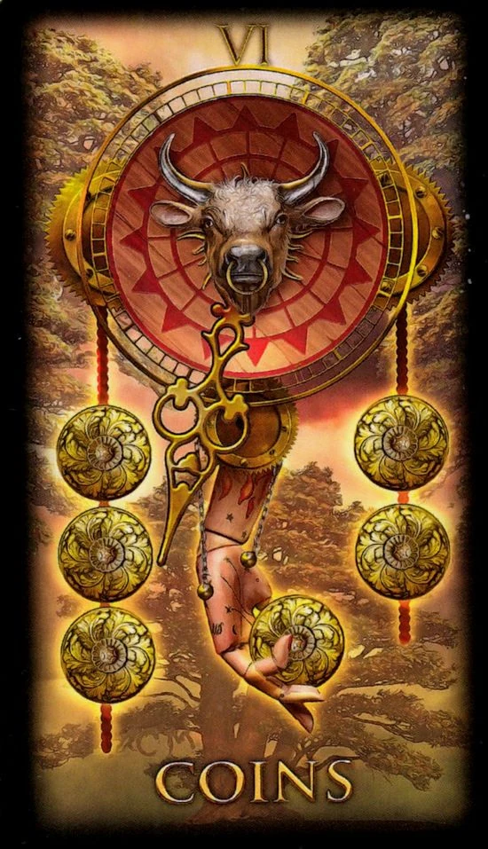 Six of Coins card from the Marchetti Tarot deck