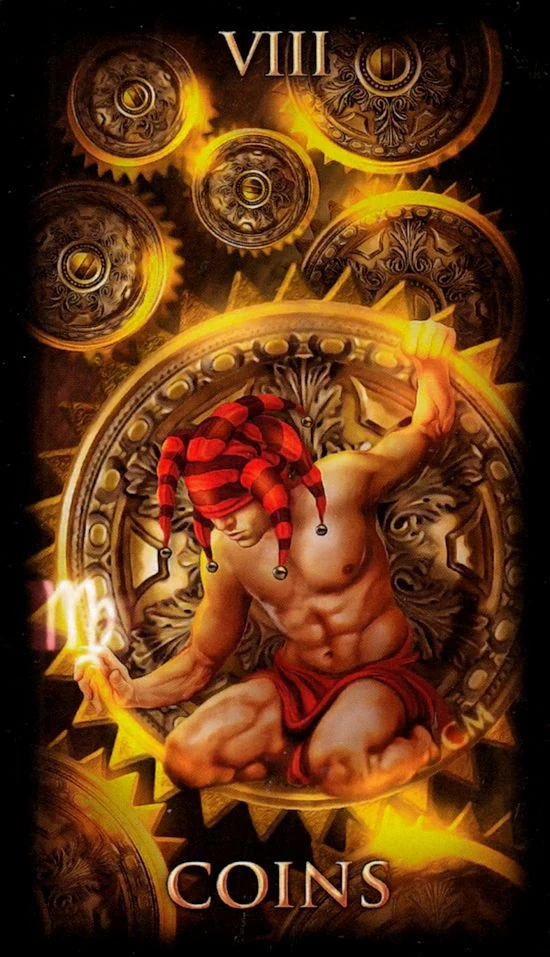 Eight of Coins card from the Marchetti Tarot deck