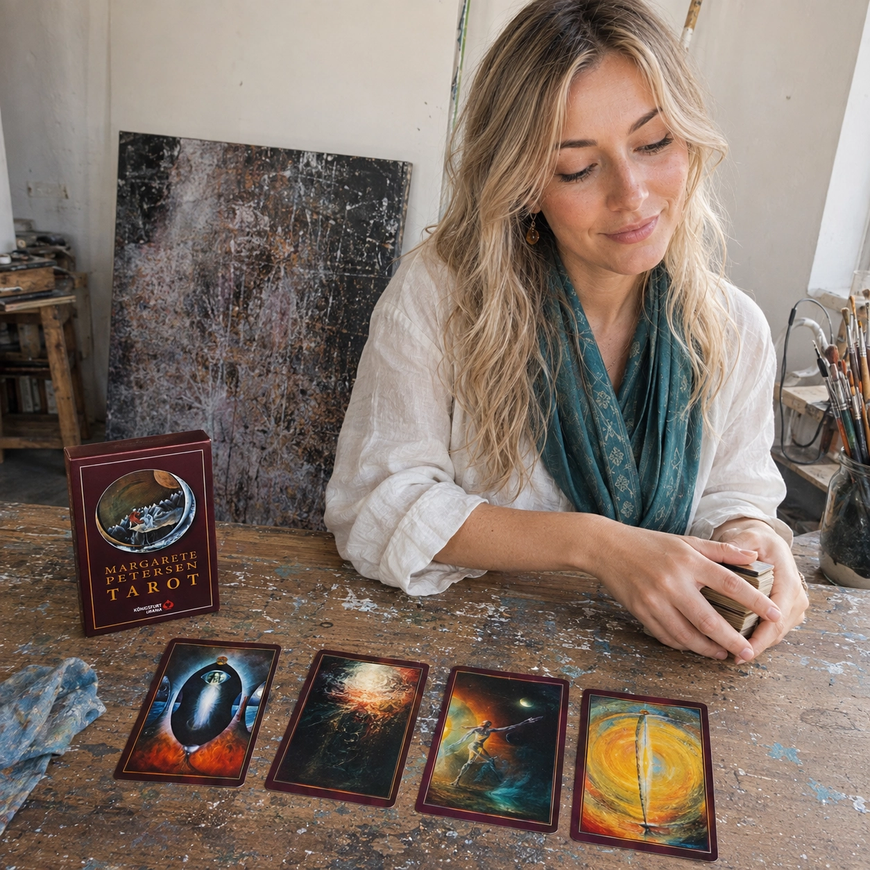Aurica squaring the Margarete Petersen Tarot beside its deck box and a four-card spread