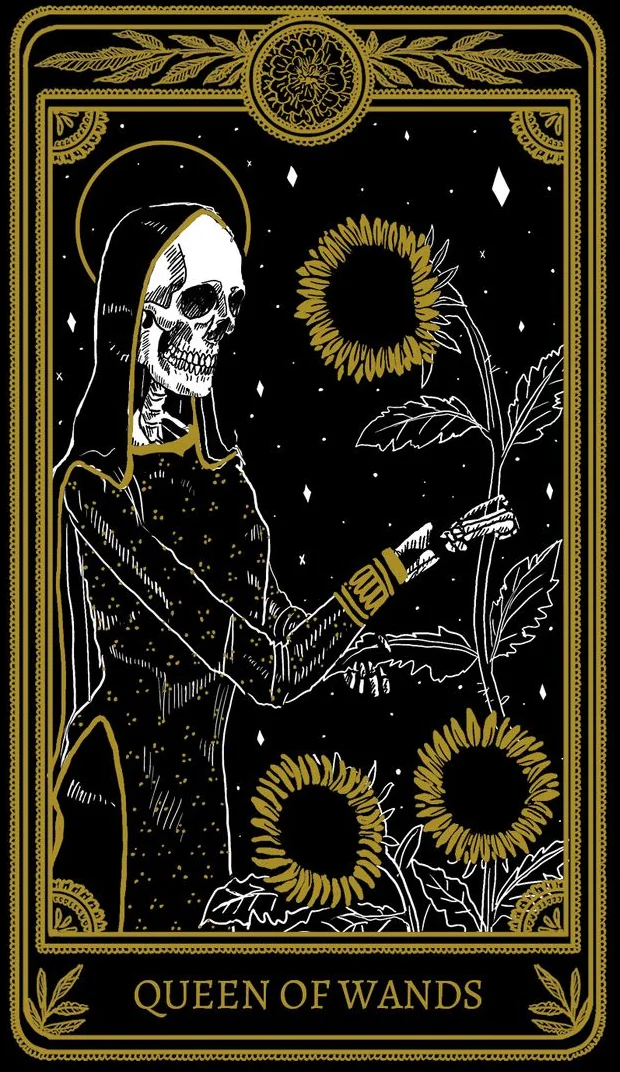 Queen of Wands card from the Marigold Tarot deck