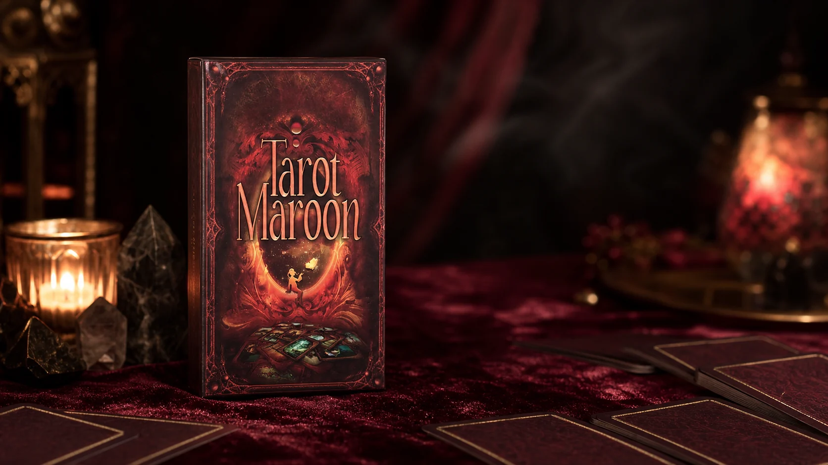 Maroon Tarot deck in a burgundy candlelit reading setting