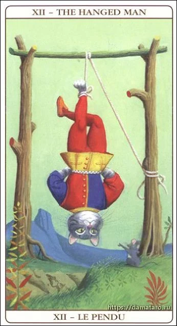 The Hanged Man card from the Marseille Cat Tarot deck