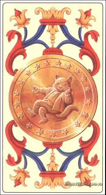 Marseille Cat Tarot Review 8 Ace of Pentacles card from the Marseille Cat Tarot deck