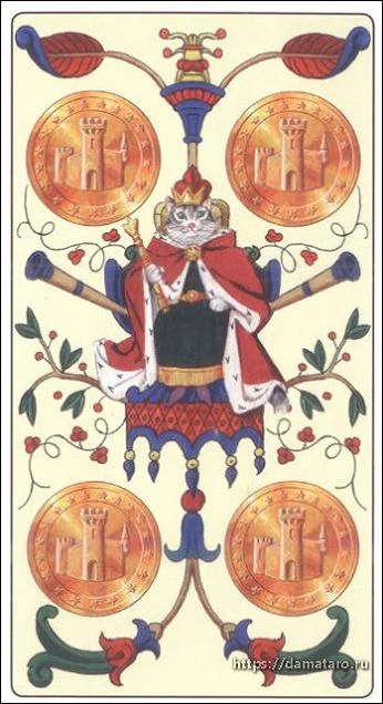 Four of Pentacles card from the Marseille Cat Tarot deck