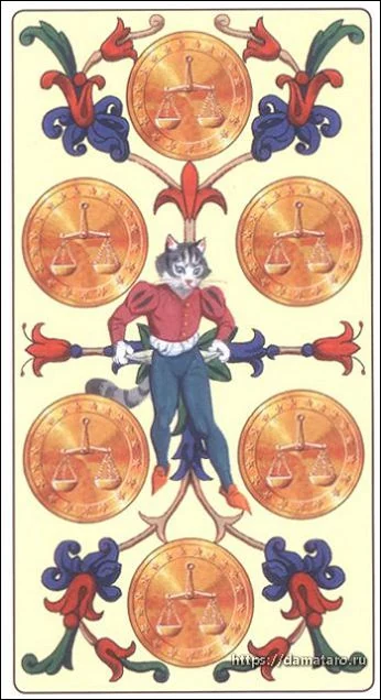 Six of Pentacles card from the Marseille Cat Tarot deck