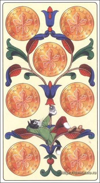 Seven of Pentacles card from the Marseille Cat Tarot deck