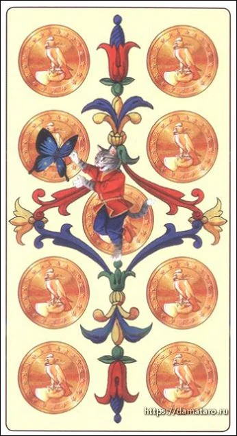 Nine of Pentacles card from the Marseille Cat Tarot deck