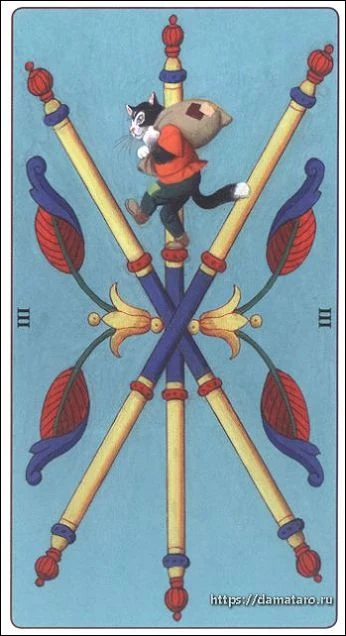 Three of Wands card from the Marseille Cat Tarot deck