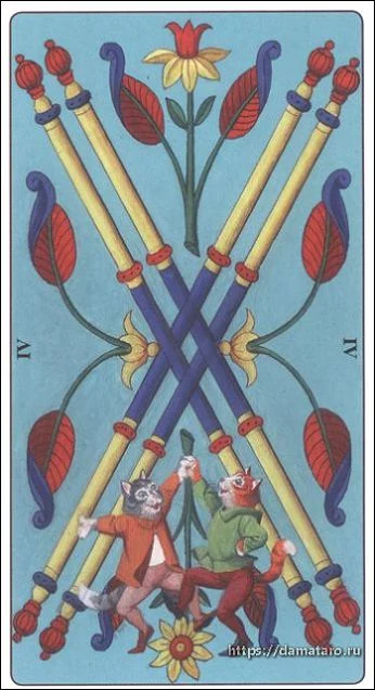 Four of Wands card from the Marseille Cat Tarot deck