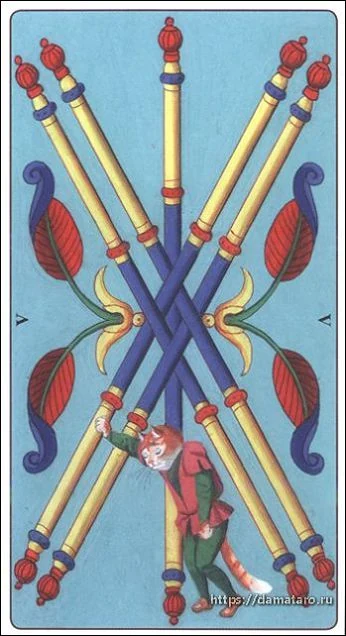 Five of Wands card from the Marseille Cat Tarot deck