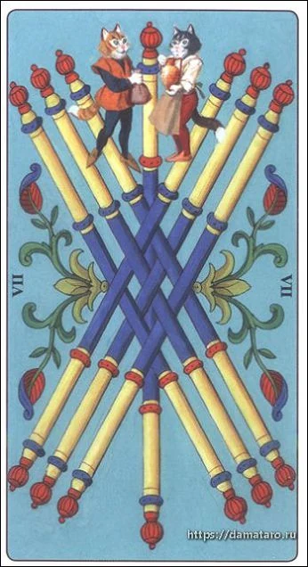 Seven of Wands card from the Marseille Cat Tarot deck