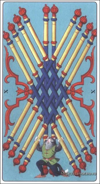 Ten of Wands card from the Marseille Cat Tarot deck