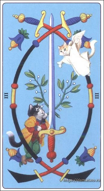 Three of Swords card from the Marseille Cat Tarot deck