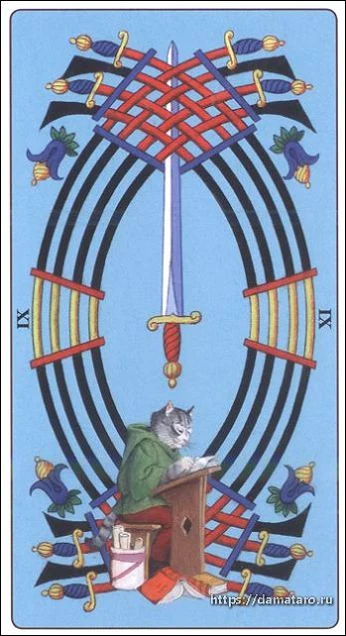Nine of Swords card from the Marseille Cat Tarot deck